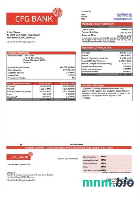 Maroko CFG Bank wyciąg z kredytu hipotecznego szablon Word i PDF